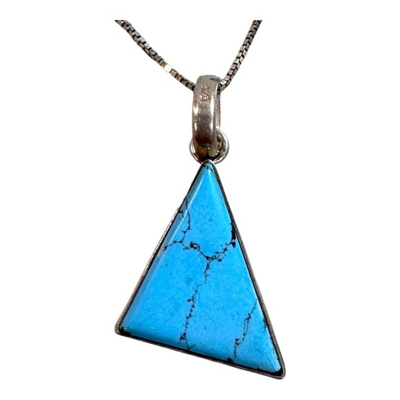 Sterling Silver Necklace Vtg Turquoise Triangle Pendant 925 Italy 29” Box Chain - Picture 1 of 11